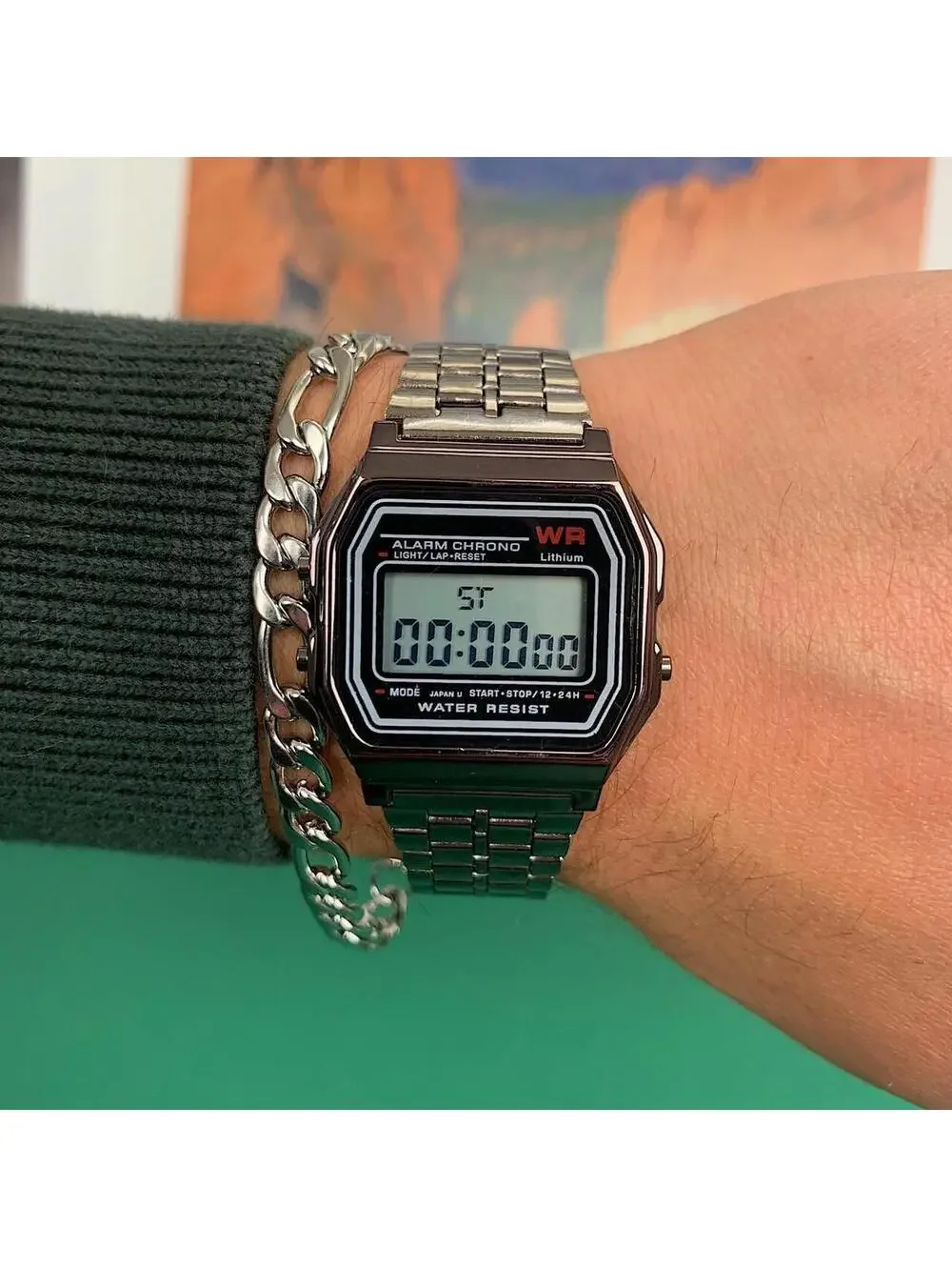 Y2k 2000s style cyber silver stainless steel digital watch. Has adjustable